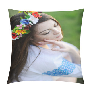 Personality  Girl With Freckles On Her Face In A Ukrainian Shirt And Floral B Pillow Covers