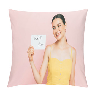 Personality  Brunette Young Woman Holding With Love Card On Pink Pillow Covers