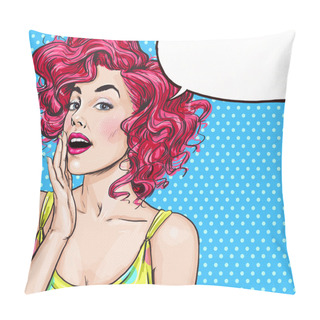 Personality  Attractive Young Sexy Woman Is Announcing, Telling A Secret, Shouting Or Yelling. Advertising Poster. Comic Woman. Gossip Girl, Red Cheeks, Beauty, Curls, Sexy Girl, Beach Party, Strong Woman, Hey,Wow Pillow Covers