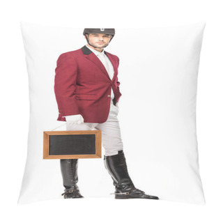 Personality  Attractive Young Horseman In Uniform Holding Blank Chalkboard And Looking At Camera Isolated On White Pillow Covers