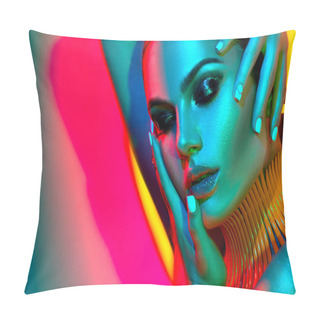 Personality  Fashion Model In Colorful Bright Lights With Trendy Make-up Pillow Covers