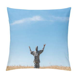 Personality  Back View Of Soldier In Military Uniform Standing With Outstretched Hands In Field With Golden Wheat  Pillow Covers