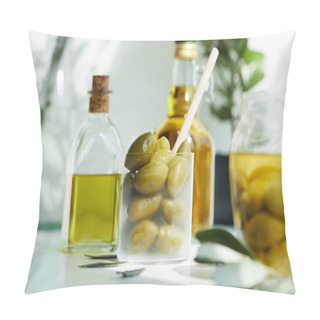 Personality  Glass With Spoon And Green Olives, Jar, Various Bottles Of Aromatic Olive Oil With And Branches On White Table Pillow Covers