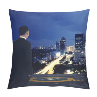 Personality  Business Man Standing On Rooftop Helipad Pillow Covers