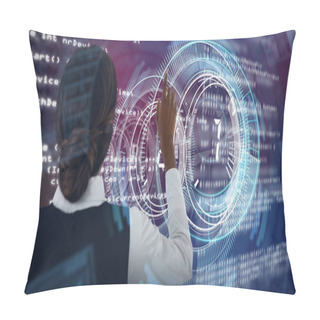 Personality  Rear View Of Businesswoman Touching Invisible Interface Against Close-up Of Volume Knob Interface Pillow Covers