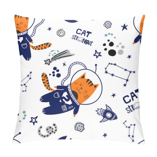 Personality  Seamless Kids Pattern With Red Cat In Space. Cute Background With Cat Astronaut. For Kids Textile, Fabric, Graphic Tees, Prints, Card And More Pillow Covers