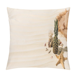 Personality  Panoramic Shot Of Pineapple, Starfish, Straw Hat And Sea Stones On Beach With Copy Space Pillow Covers