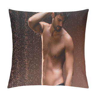 Personality Shirtless Man With Muscular Torso Posing With Hand On Head Under Rain On Dark Background Pillow Covers