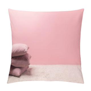 Personality  Stack Of Pillows On Carpet In Front Of Pink Wall Pillow Covers