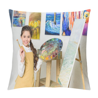 Personality  Smiling Kid Holding Painting Brush And Canvas In Workshop Of Art School Pillow Covers
