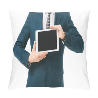 Personality  Cropped View Of Businessman Holding Digital Tablet With Blank Screen Isolated On White Pillow Covers