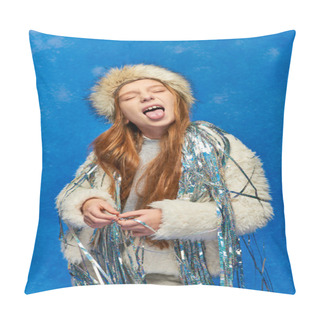 Personality  Girl In Faux Fur Jacket With Tinsel Sticking Out Tongue And Catching Snowflakes On Blue Backdrop Pillow Covers