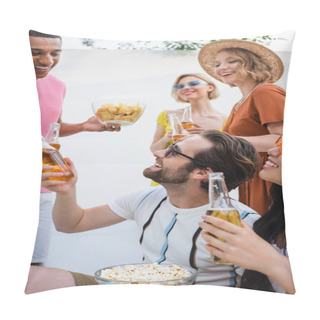 Personality  Happy Interracial Men Clinking With Bottles Of Beer Near Smiling Women  Pillow Covers