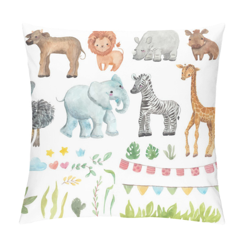 Personality  Africa watercolor set. Safari collection with giraffe, rhino, ze pillow covers