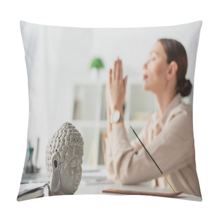 Personality  Selective Focus Of Businesswoman Meditating With Namaste Gesture At Workplace With Buddha Head And Incense Stick Pillow Covers