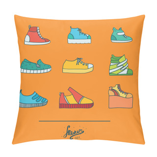 Personality  Beautiful Set With Stylish Footwear - Sneakers In Various Styles And Shapes. Collection With Different Shoes In Bright Colors On Orange Background. Vector Illustration, Hand Drawn In Doodle Flat Style Pillow Covers