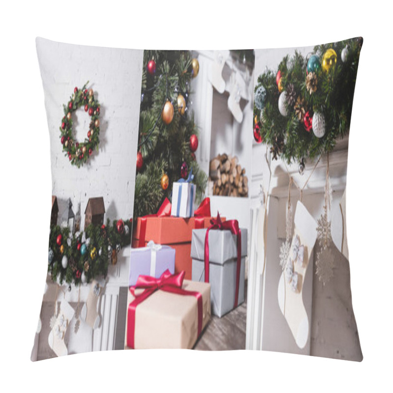 Personality  Collage of christmas wreath above fireplace, christmas stockings and gift boxes pillow covers