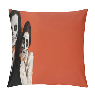 Personality  Dia De Los Muertos Couple In Skull Makeup, Woman Leaning On Shoulder Of Scary Man On Red, Banner Pillow Covers