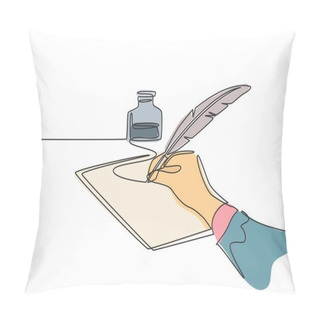 Personality  Single Continuous Line Drawing Of Hand Writing Gesture With Ink And Quill Pen On Whiteboard. Retro Handwriting Concept. Trendy One Line Draw Graphic Design Vector Illustration Pillow Covers
