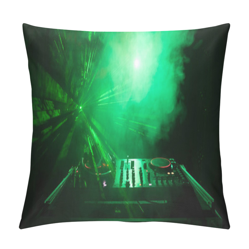 Personality  DJ Spinning, Mixing, And Scratching In A Night Club, Hands Of Dj Tweak Various Track Controls On Dj's Deck, Strobe Lights And Fog, Or Dj Mixes The Track In The Nightclub At Party. Selective Focus Pillow Covers