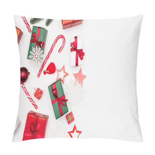 Personality  Top View Of Gift Boxes, Decorative Snowflakes, Star-shaped Cookies And Candy Canes On White Background Pillow Covers
