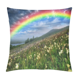 Personality  Rainbow Over The River. Picturesque Spring Meadow. Before The Storm Pillow Covers
