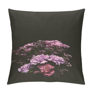 Personality  Close-up View Of Beautiful Floral Bouquet Of Pink And Purple Blooming Flowers Isolated On Black Pillow Covers
