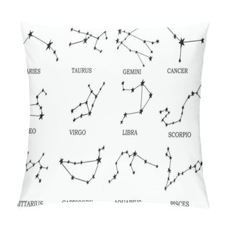 Personality  Astrological Zodiac Signs, Srars In Vector Design With Text. Set Of Twelve Grunge Graphic Zodiacs. Esoteric Objects Isolated On White Background. Pillow Covers