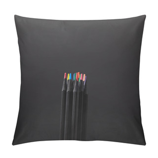 Personality  Close Up View Of Arranged Pencils On Black Wall Backdrop Pillow Covers