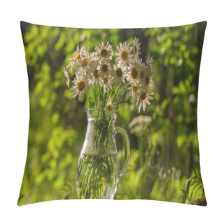Personality  A Beautiful Bouquet Of Daisies In A Transparent Vase Of Glass On The Background Of A Summer Forest Pillow Covers
