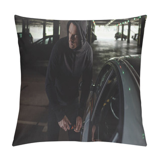 Personality  Cautious Male Robber In Black Hoodie Intruding Car By Screwdriver  Pillow Covers