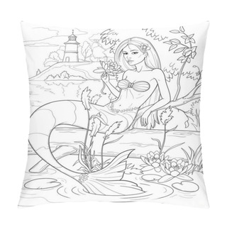 Personality  Mermaid With A Lotus By The Water. Hand Drawn Vector Illustration On A White Background. Pillow Covers
