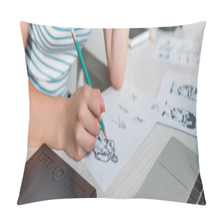 Personality  Panoramic Shot Of Illustrator Drawing Sketches In Studio  Pillow Covers