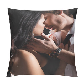 Personality  Blurred Man Touching Sensually Face Of Brunette Woman Isolated On Black  Pillow Covers