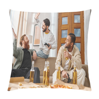 Personality  Three Handsome, Cheerful Men From Different Backgrounds Sit Together On A Couch, Laughing And Bonding In Casual Attire. Pillow Covers
