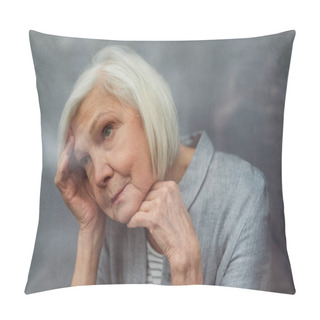 Personality  Lonely Senior Woman Loooking Away While Standing By Window Pillow Covers