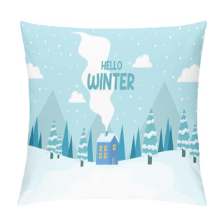 Personality  Cute Winter Landscape. Winter Banner. Lovely Houses In A Snowy Valley. Horizontal Landscape. Winter Cabin Illustration Pillow Covers