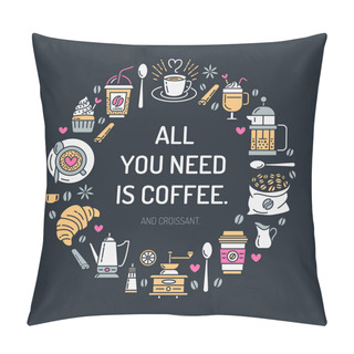 Personality  Coffee Making Poster Template. Brewing Vector Line Icon, Circle Illustration For Menu. Elements - Coffeemaker, French Press, Coffee Grinder, Espresso, Croissant, Cupcake. Pillow Covers