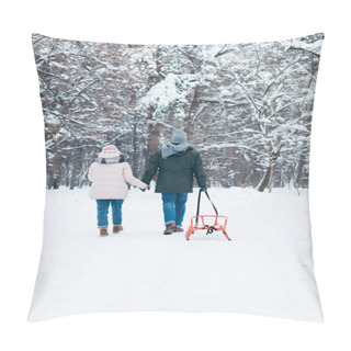 Personality  Back View Of Couple With Sledge Holding Hands While Walking In Snowy Park Pillow Covers