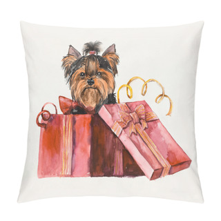 Personality  Puppy As A Gift. Yorkshire Terrier Looks Out Of A Box. Pillow Covers