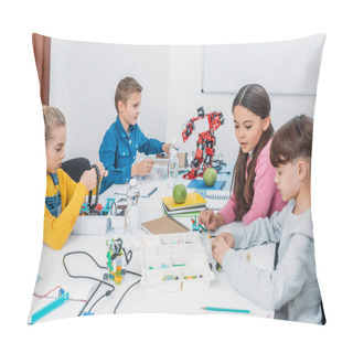 Personality  Attentive Schoolchildren Working On Robot At STEM Robotics Lesson Pillow Covers