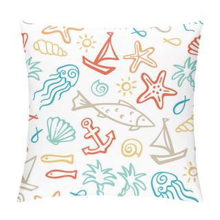 Personality  Seamless Pattern Of Ocean Animals And Plants, Fish, Anchor, Boat, Ship, Jellyfish, Shell, Starfish, Palms On An Island, Sun. Pillow Covers