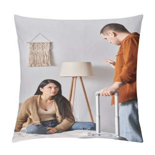 Personality  Young Man With Suitcase Waving Goodbye To Depressed Asian Wife Sitting On Bed At Home, Divorce Pillow Covers