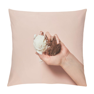 Personality  Cropped View Of Woman Holding Melted Brown And White Ice Cream On Pink Background Pillow Covers