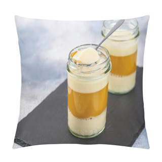 Personality  Dessert. Coconut Milk Panna Cotta With Mango, Italian Dessert, Homemade On A Light Background. Place For Copy Space Pillow Covers