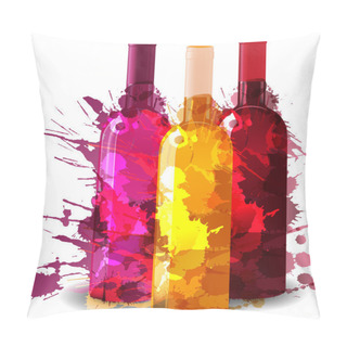 Personality  Group Of Wine Bottles Vith Grunge Splashes. Red, Rose And White. Pillow Covers