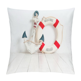 Personality  Anchor And Life Buoy On A White Wooden Floor Pillow Covers