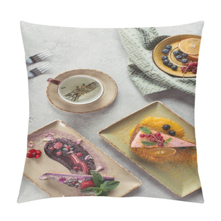 Personality  Flat Lay With Sweet Carrot Cake With Berry Filling, Blueberry Cake Served With Mint Leaves And Violet Petals, Cup Of Herbal Tea And Cutlery On Grey Tabletop Pillow Covers