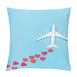 Personality  Top View Of Plane Model And Red Hearts On Blue Background Pillow Covers