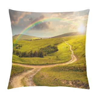 Personality  Cross Road On Hillside Meadow In Mountain At Sunrise At Sunset Pillow Covers